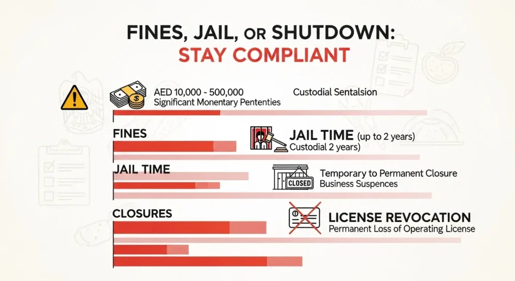Penalties for non-compliance with UAE food safety regulations.