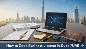 Business license application process in Dubai, featuring Dubai skyline with Burj Khalifa and business symbols like legal documents and a laptop.