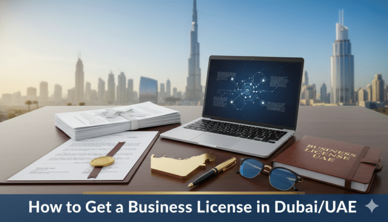 Business license application process in Dubai, featuring Dubai skyline with Burj Khalifa and business symbols like legal documents and a laptop.